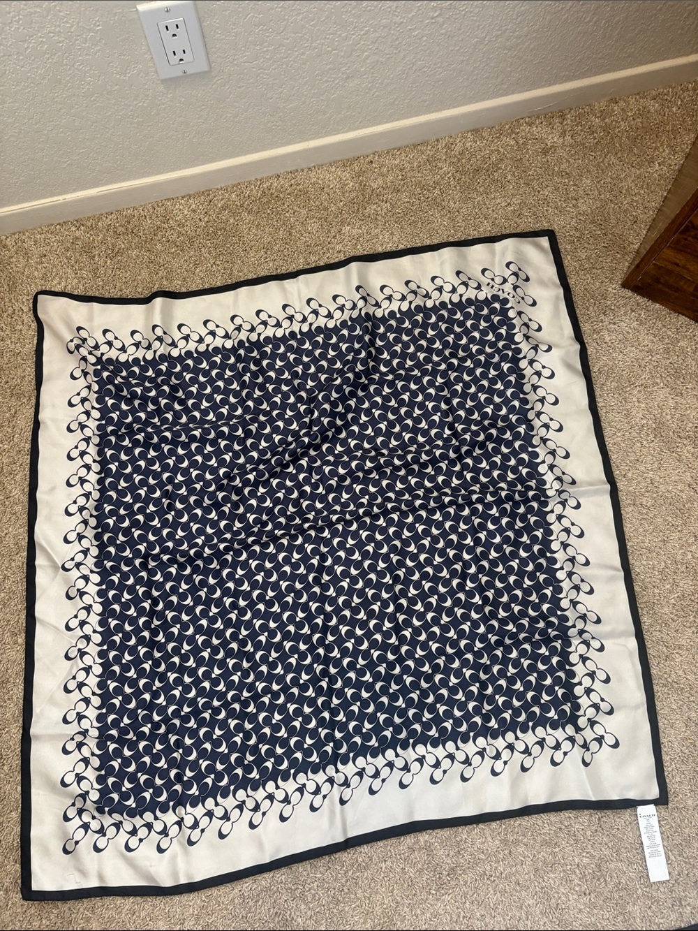 Coach Navy and Cream Logo-Print Decorative Silk Scarf